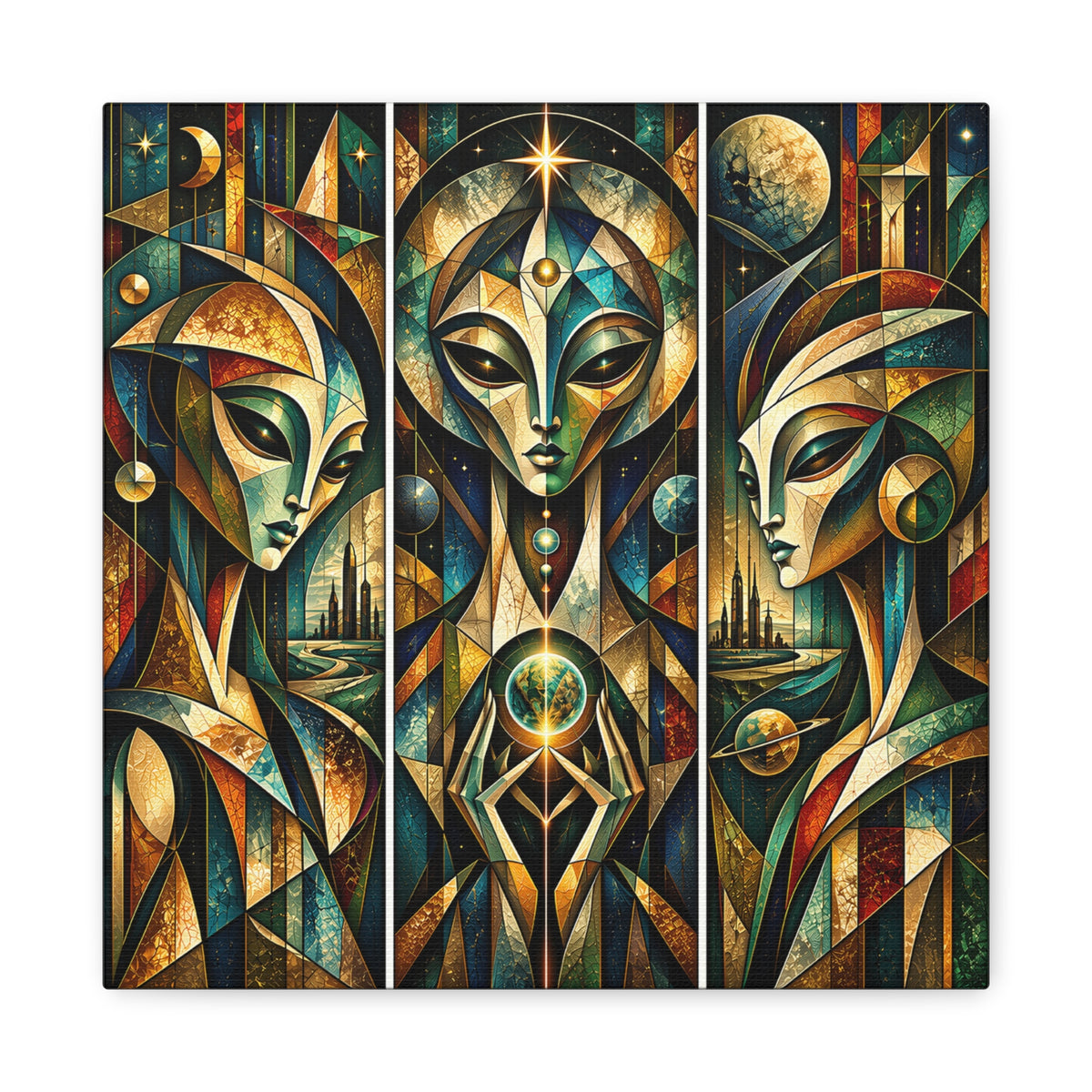 Keepers of the Celestial Gate — Futuristic Geometric Triptych Wall Art