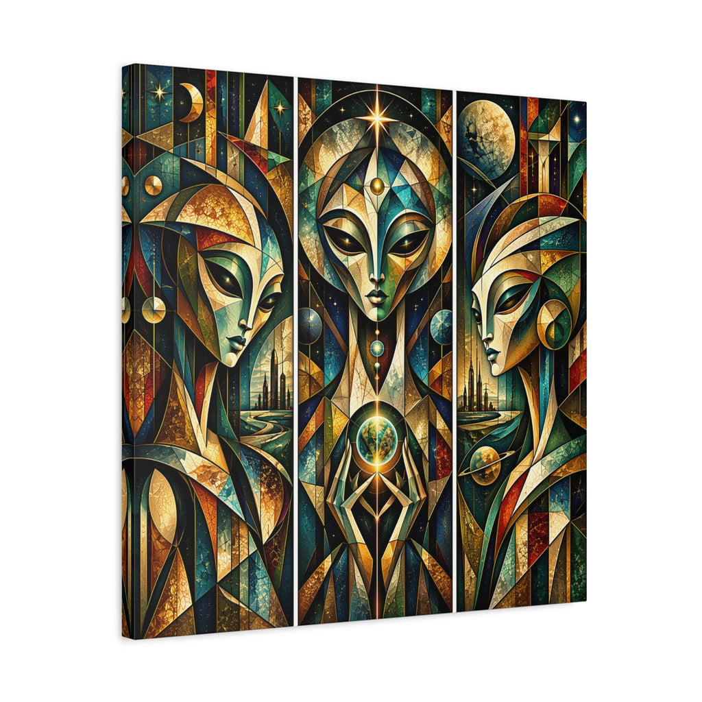 Keepers of the Celestial Gate — Futuristic Geometric Triptych Wall Art