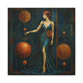 Stained-glass–style Art Deco woman in flowing blue gown, luminous copper-gold circular motifs and amber orbs against a deep midnight background