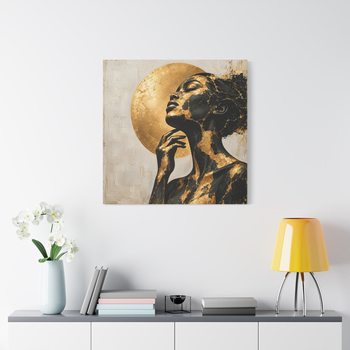 Crowned in Light — Modern Black & Gold Woman Portrait
