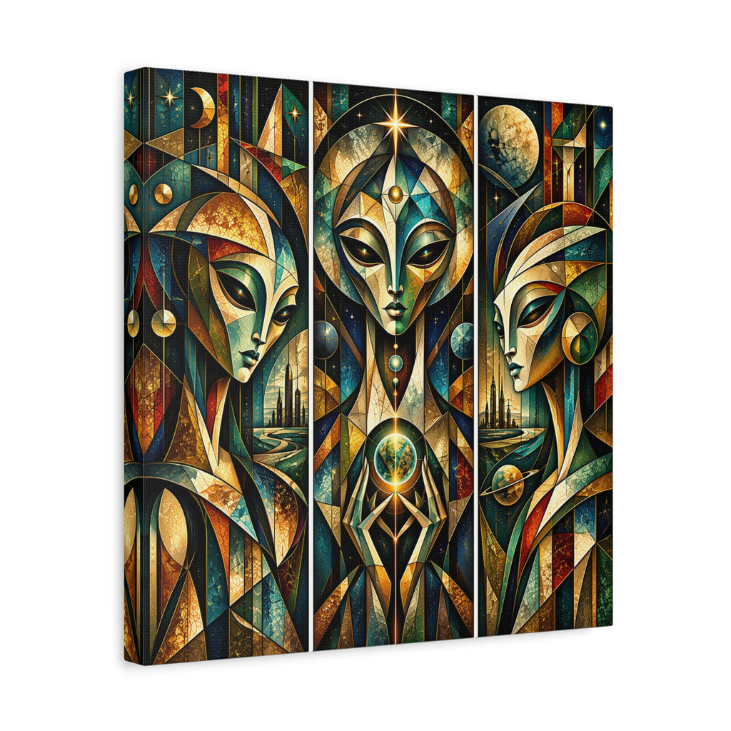Keepers of the Celestial Gate — Futuristic Geometric Triptych Wall Art