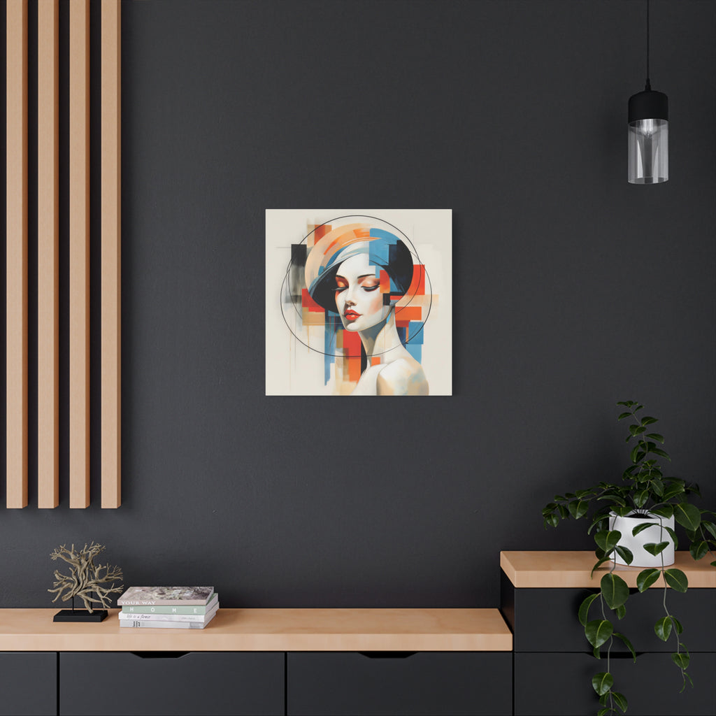 Perfectly Composed — Abstract Geometric Woman Portrait in Orange, Blue & Ivory