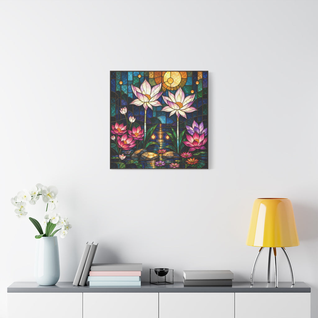 Moonlit Lotus Sanctuary — Stained Glass Floral Garden Wall Art