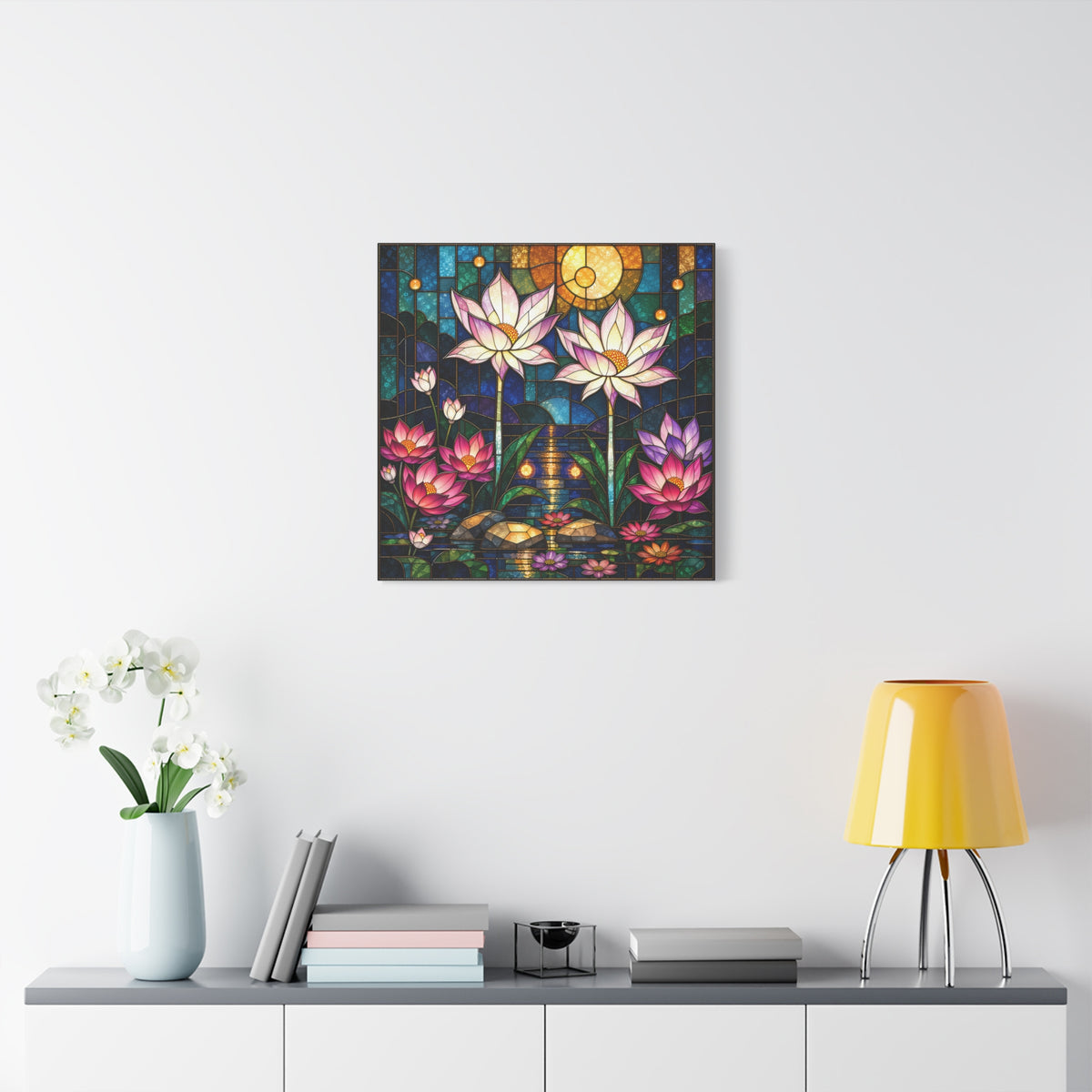 Moonlit Lotus Sanctuary — Stained Glass Floral Garden Wall Art