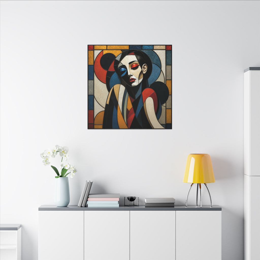 Split Between Colors – Geometric Stained Glass Woman Portrait Canvas Print