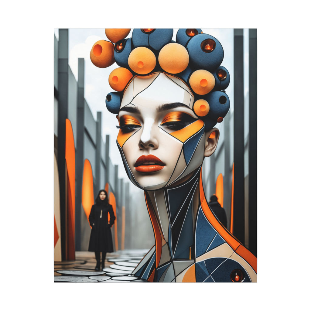Central poised female figure in a sleek city corridor, face framed by blue, cream, charcoal and orange angular planes, topped by a rounded, sculptural crown