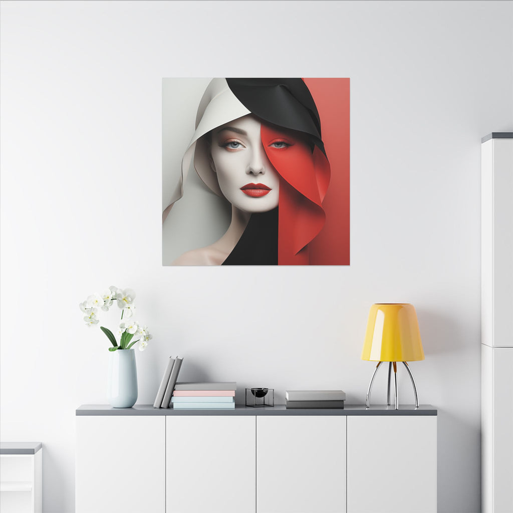 Split Poise – Modern Red Black Female Portrait Canvas Print