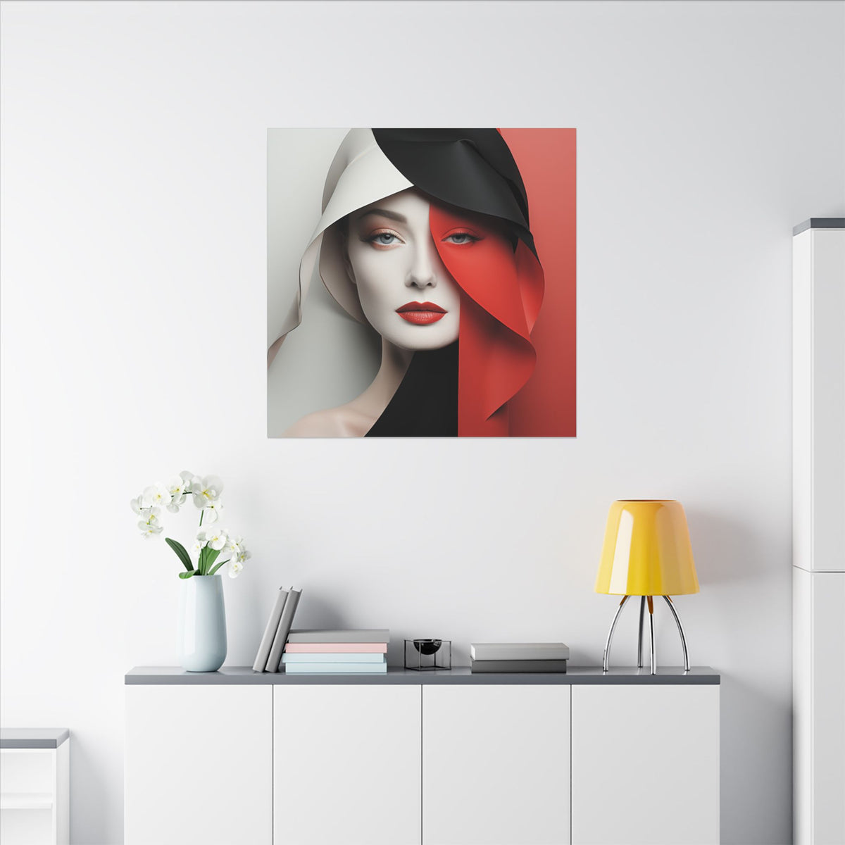 Split Poise – Modern Red Black Female Portrait Canvas Print