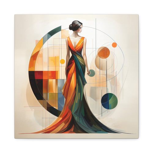 Chromatic Elegance — Abstract Geometric Fashion Portrait in a Flowing Couture Gown