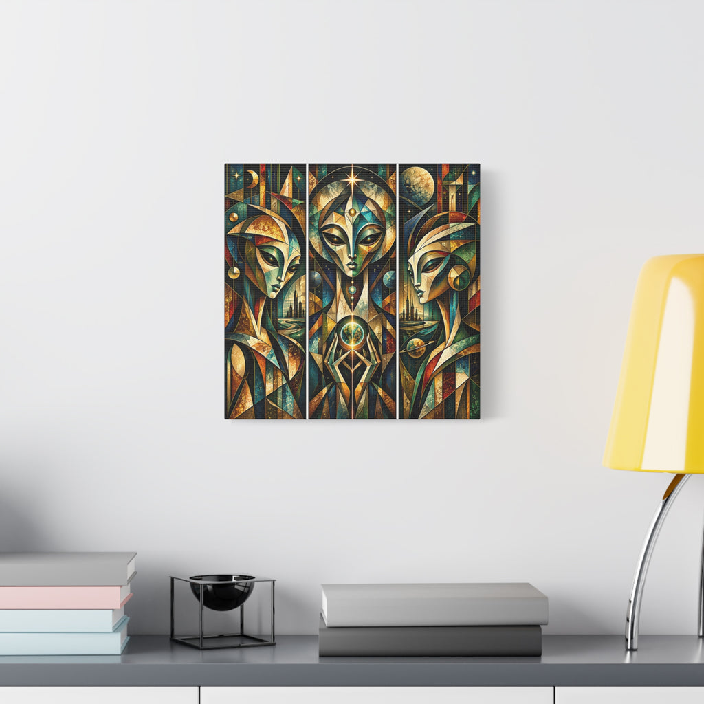 Keepers of the Celestial Gate — Futuristic Geometric Triptych Wall Art