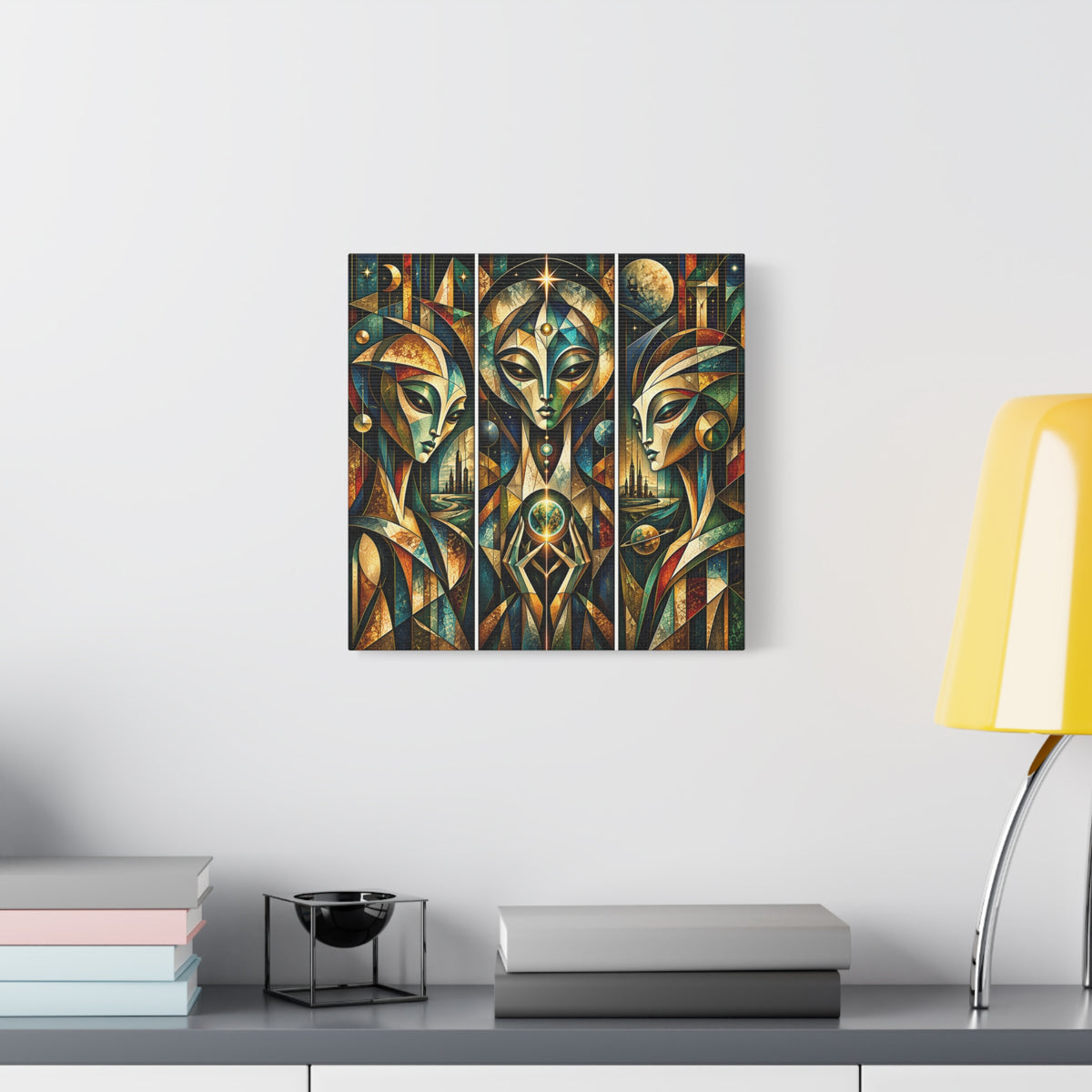 Keepers of the Celestial Gate — Futuristic Geometric Triptych Wall Art