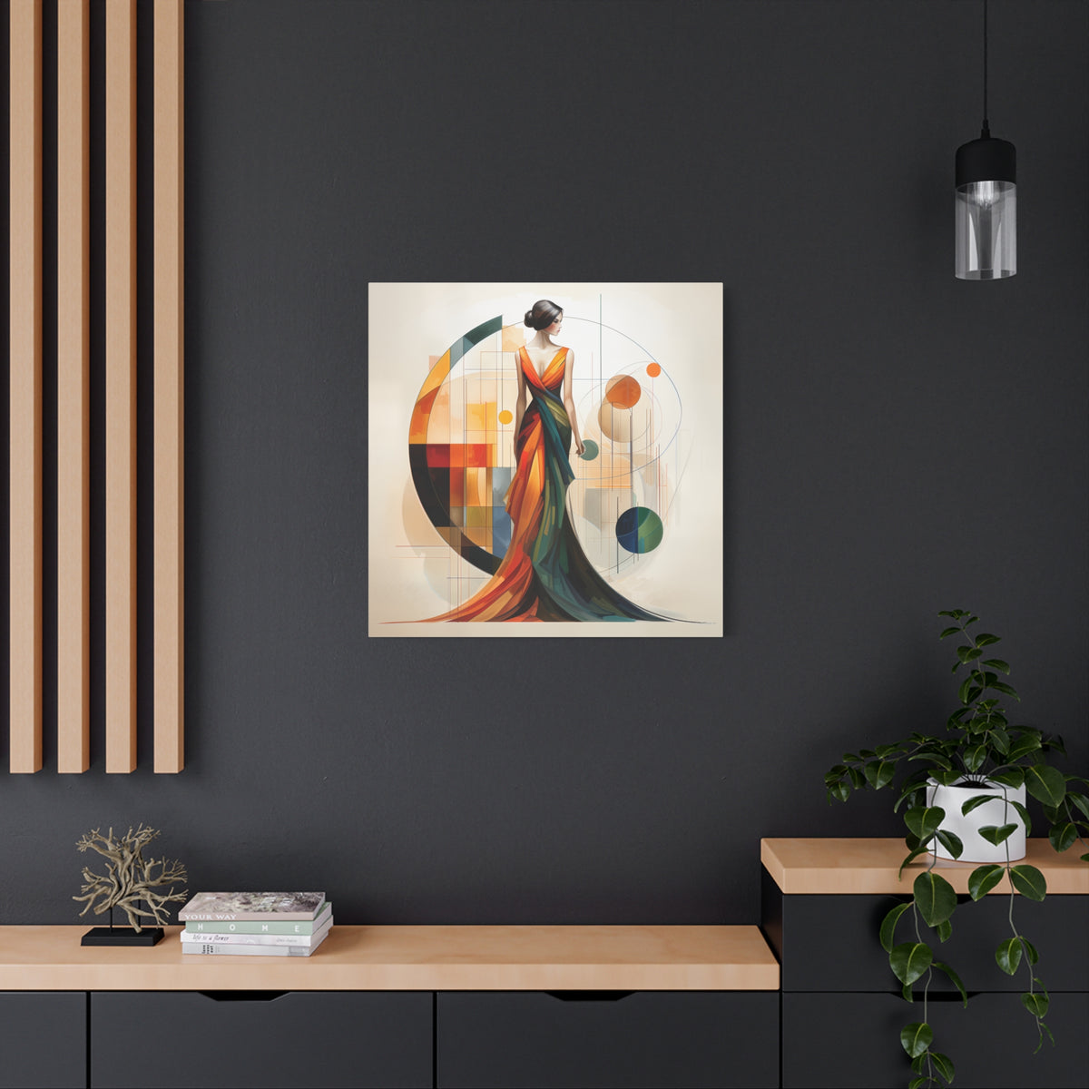 Chromatic Elegance — Abstract Geometric Fashion Portrait in a Flowing Couture Gown