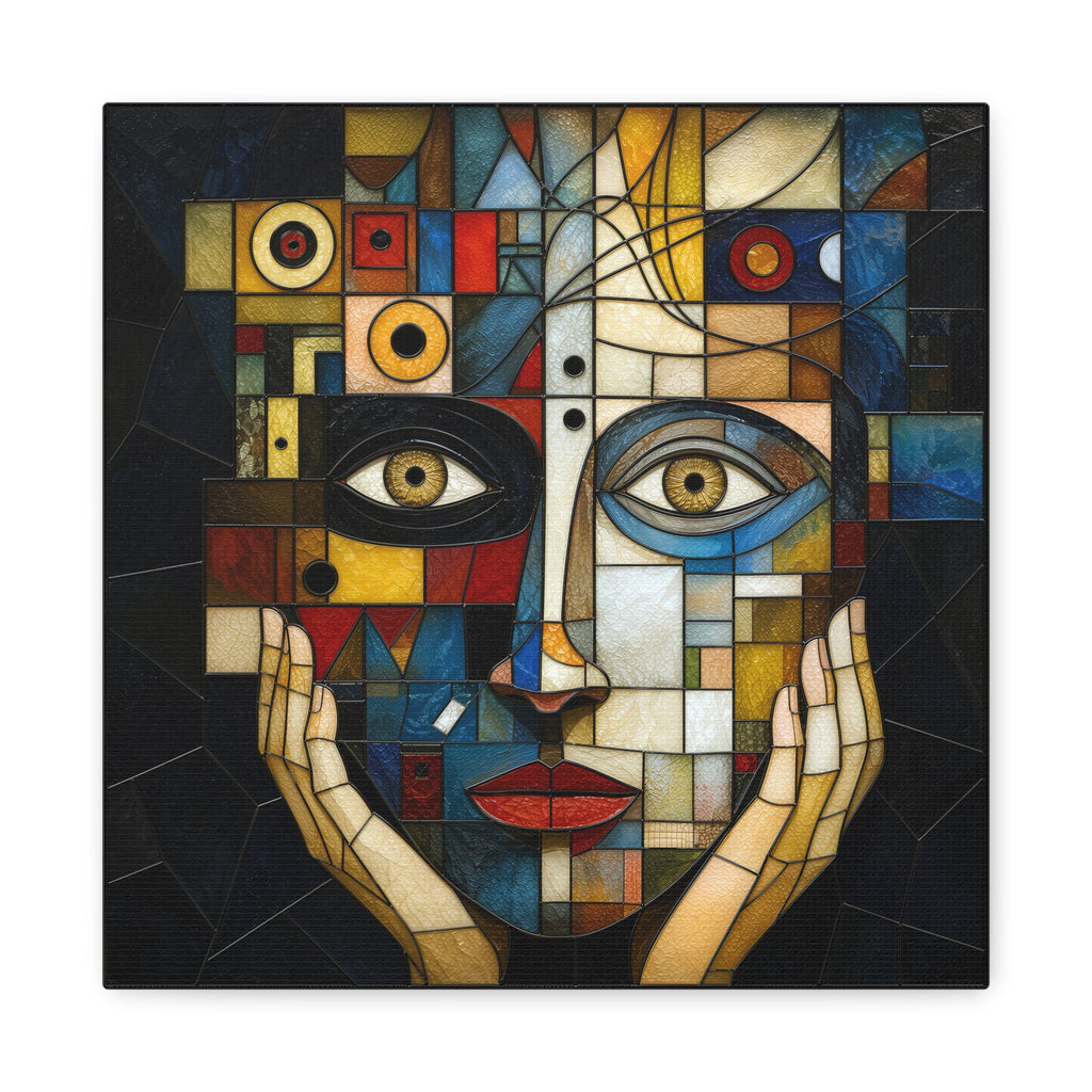 Cubist stained-glass style portrait of a fragmented female face in cobalt, amber, gold, ivory, crimson, teal, and black, hands framing intense golden eyes amid circular and linear