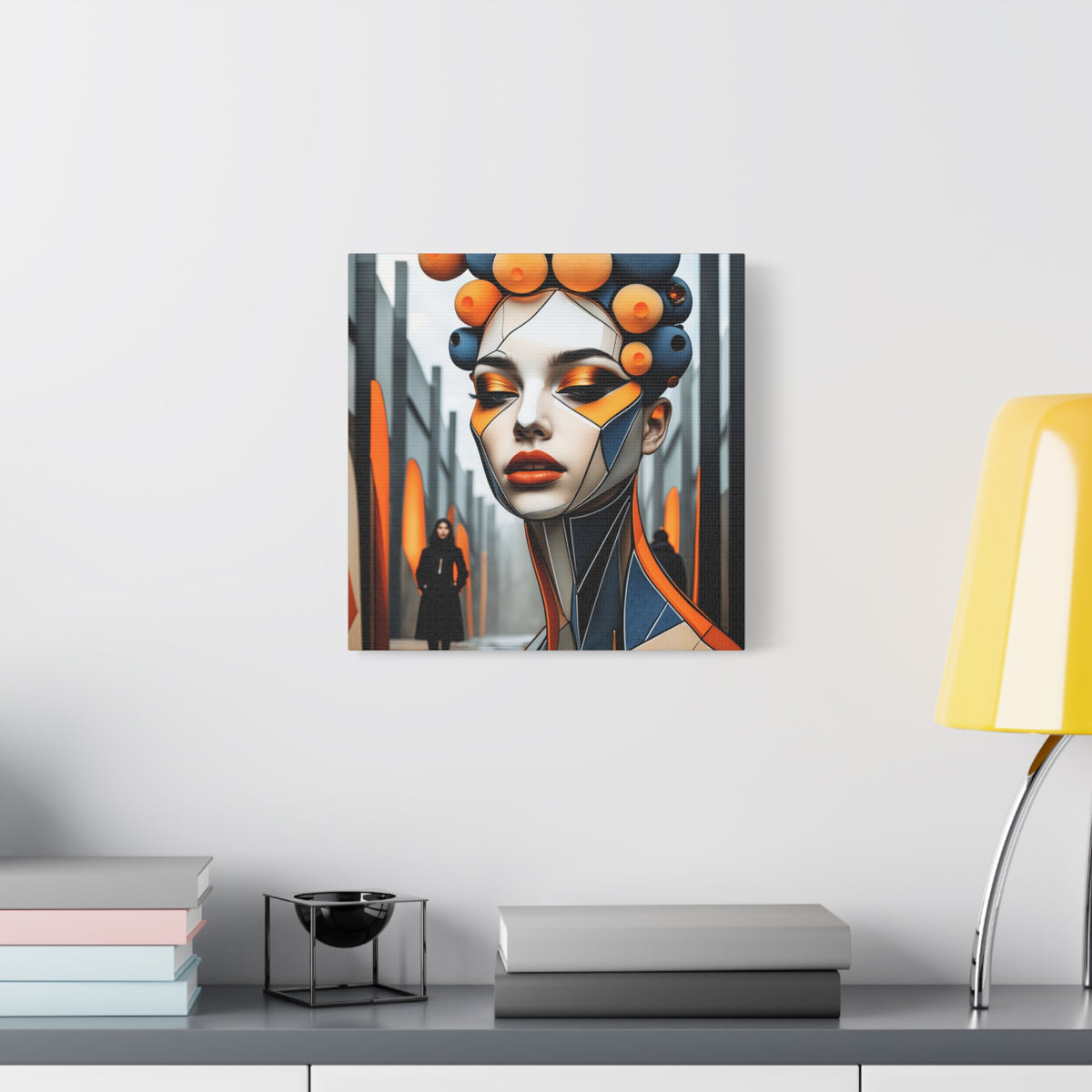 Future Icon — Futuristic Geometric Woman Portrait in Orange & Midnight Blue