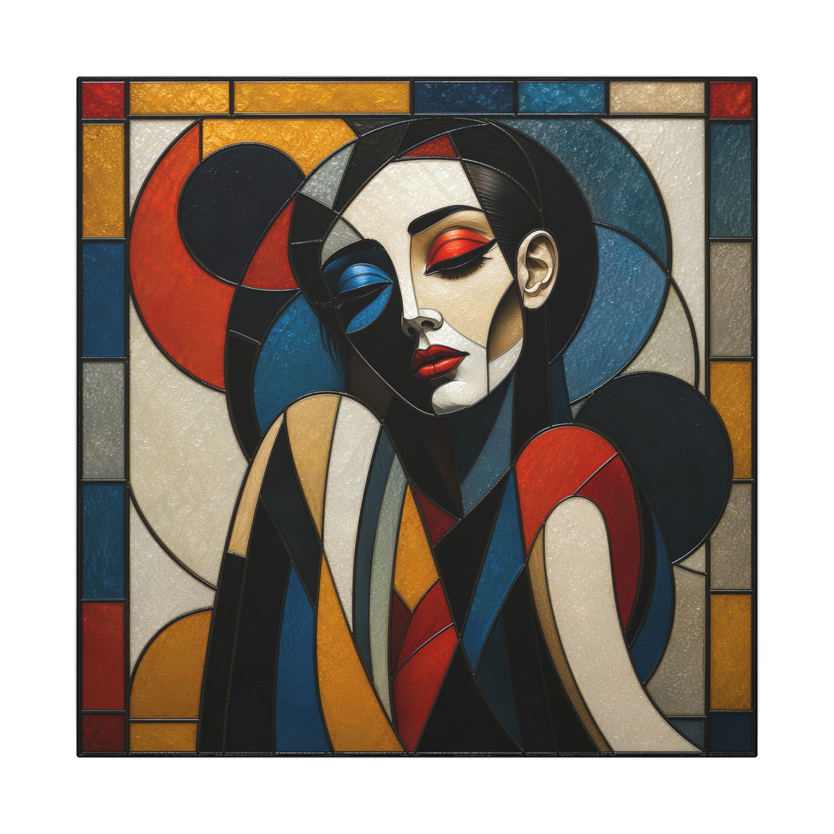 Split Between Colors – Geometric Stained Glass Woman Portrait Canvas Print
