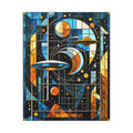 Stained-glass retro-futurist scene with stylized flying saucers, orbital arcs, geometric planets and grids in deep blue, black, cream, white, and vivid orange.