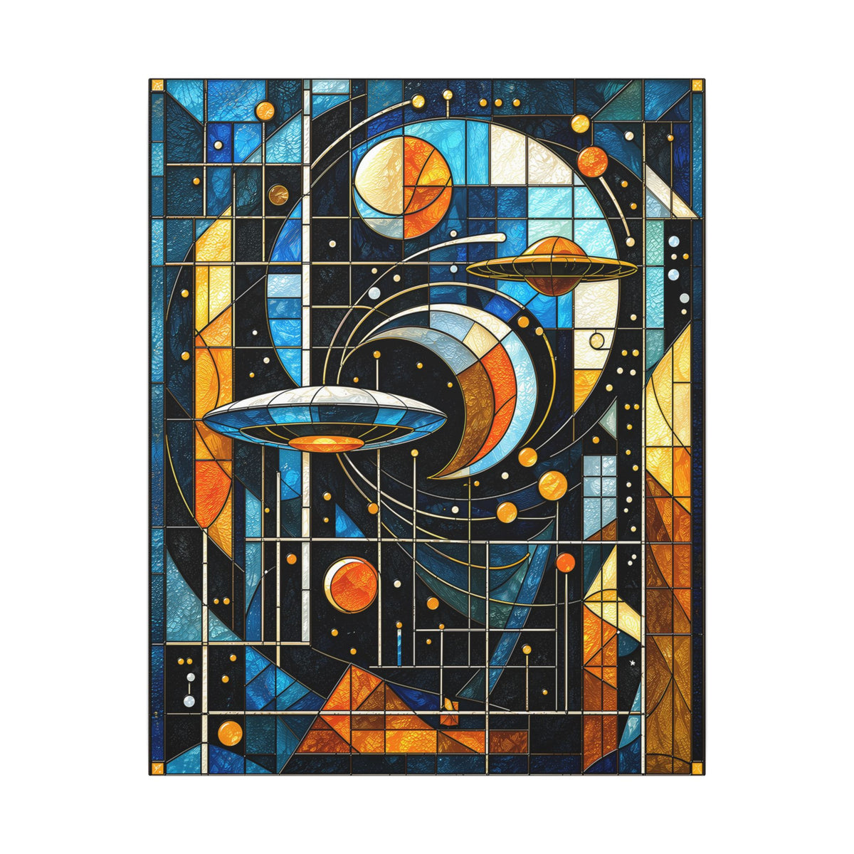 Stained-glass retro-futurist scene with stylized flying saucers, orbital arcs, geometric planets and grids in deep blue, black, cream, white, and vivid orange.