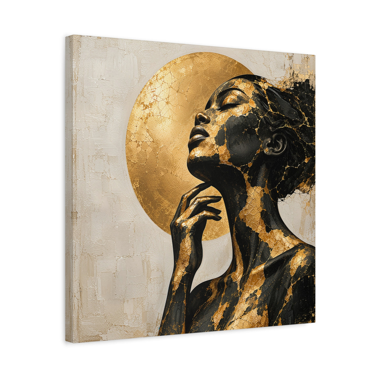 Crowned in Light — Modern Black & Gold Woman Portrait
