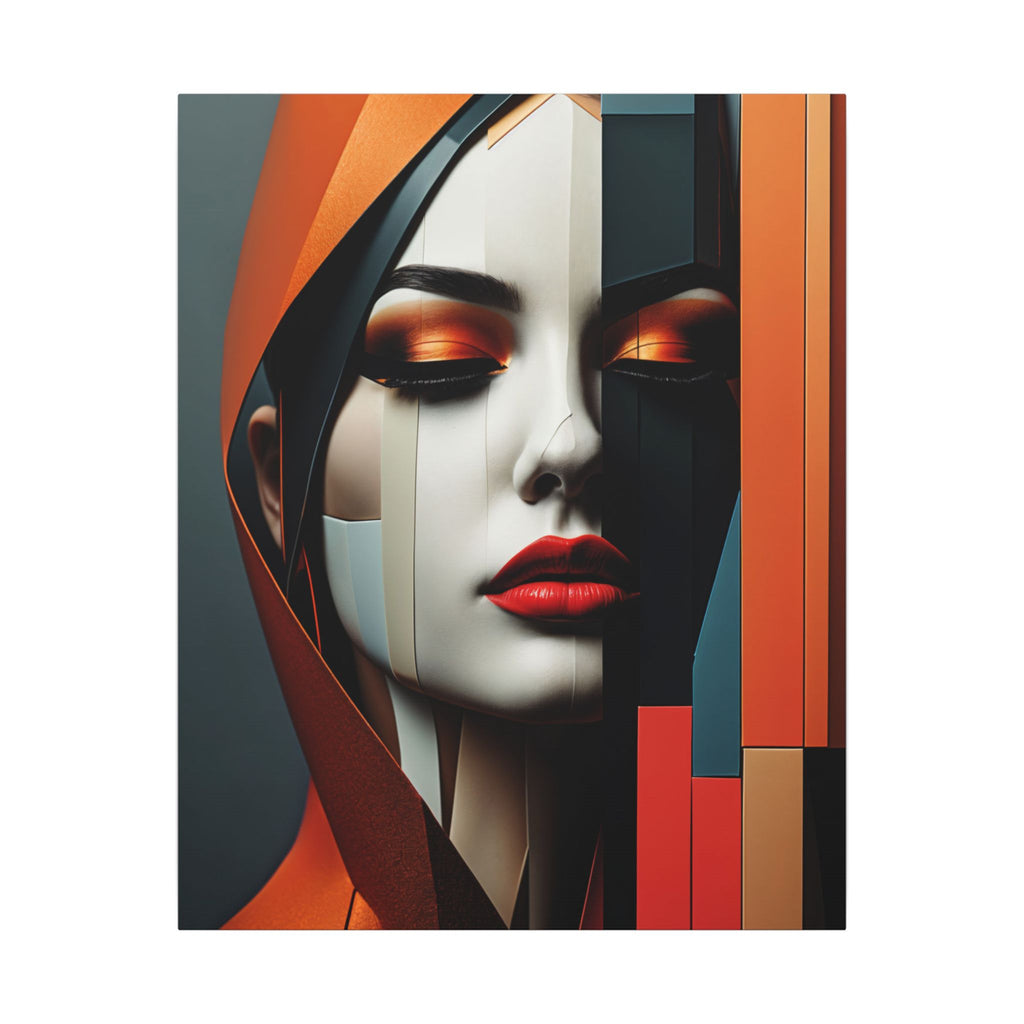 Serene female portrait interwoven with bold geometric planes in orange, black, cream, gray, and red, with vertical divisions framing the face.