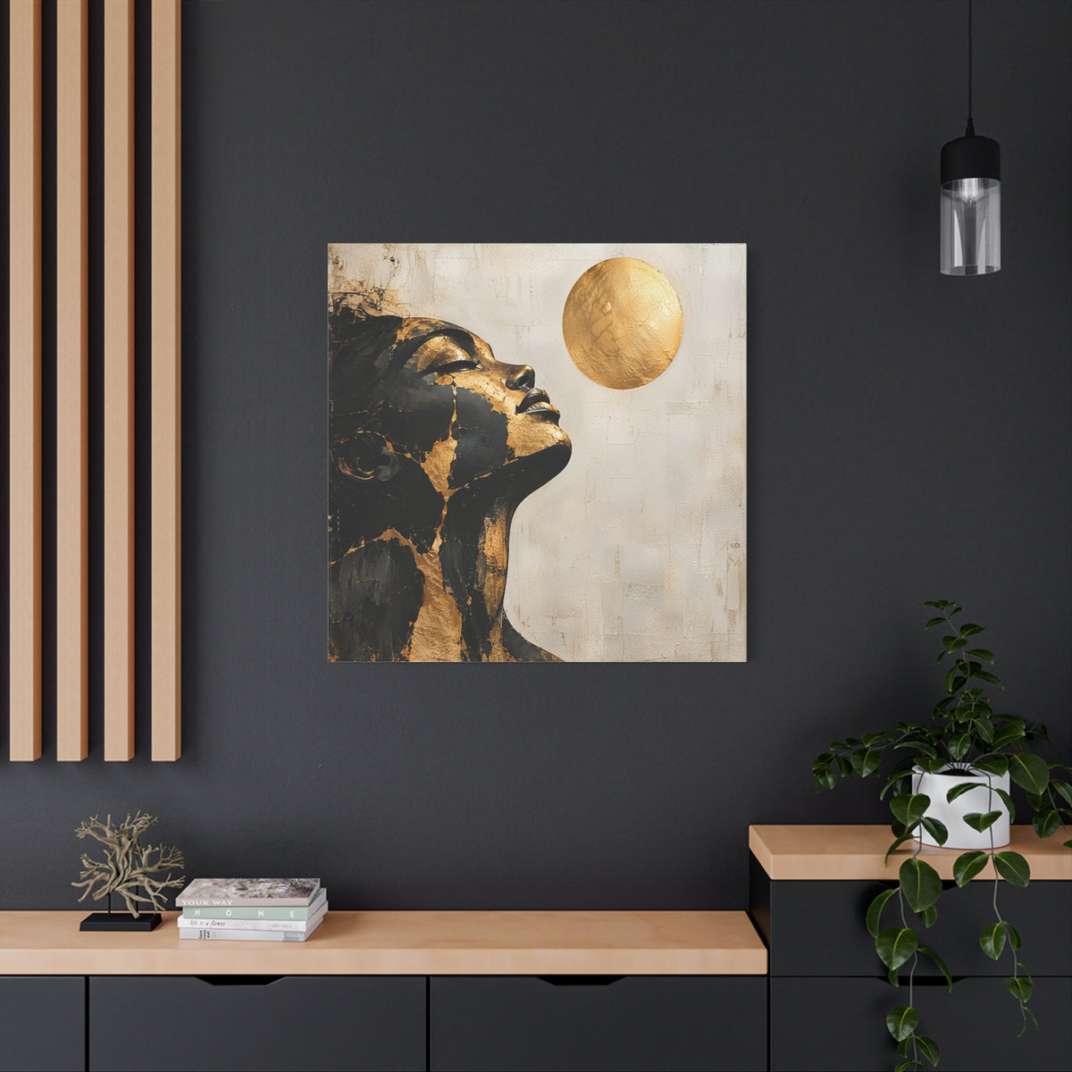 Golden Stillness — Modern Black & Gold Woman Portrait
