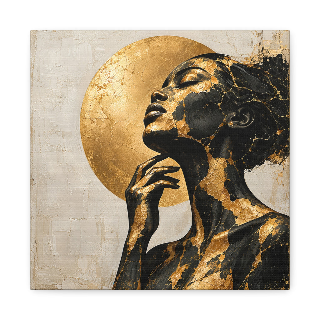 Serene black female profile fractured with metallic gold, hand at throat, facing a luminous gold halo on an ivory background.