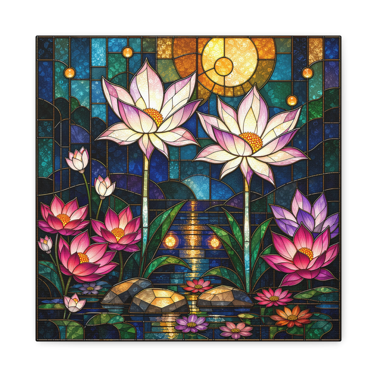 Moonlit Lotus Sanctuary — Stained Glass Floral Garden Wall Art
