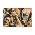 Cubist-style female portrait amid white blossoms, sculptural arches and a golden sun over a muted cream, blush, olive, taupe, charcoal palette