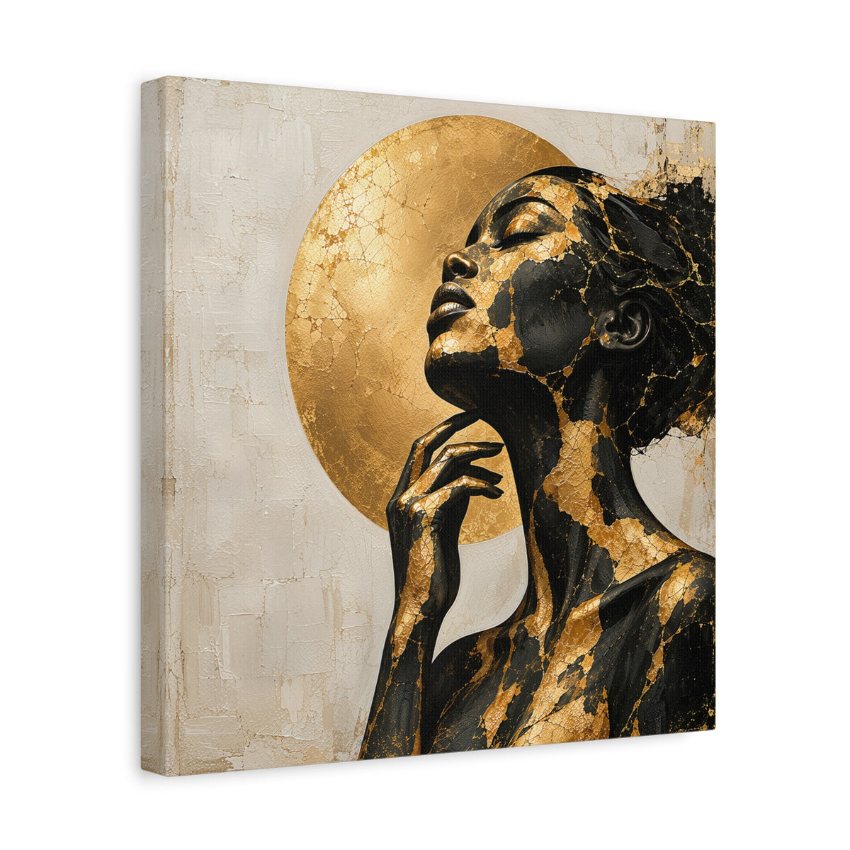 Crowned in Light — Modern Black & Gold Woman Portrait