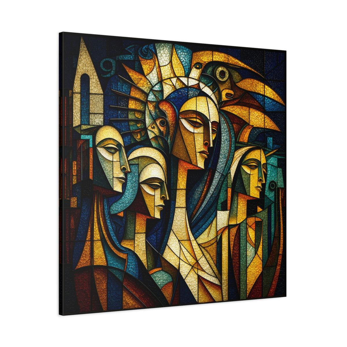 Crowned Voices — Cubist Collective Portrait in Teal, Gold & Burnt Orange