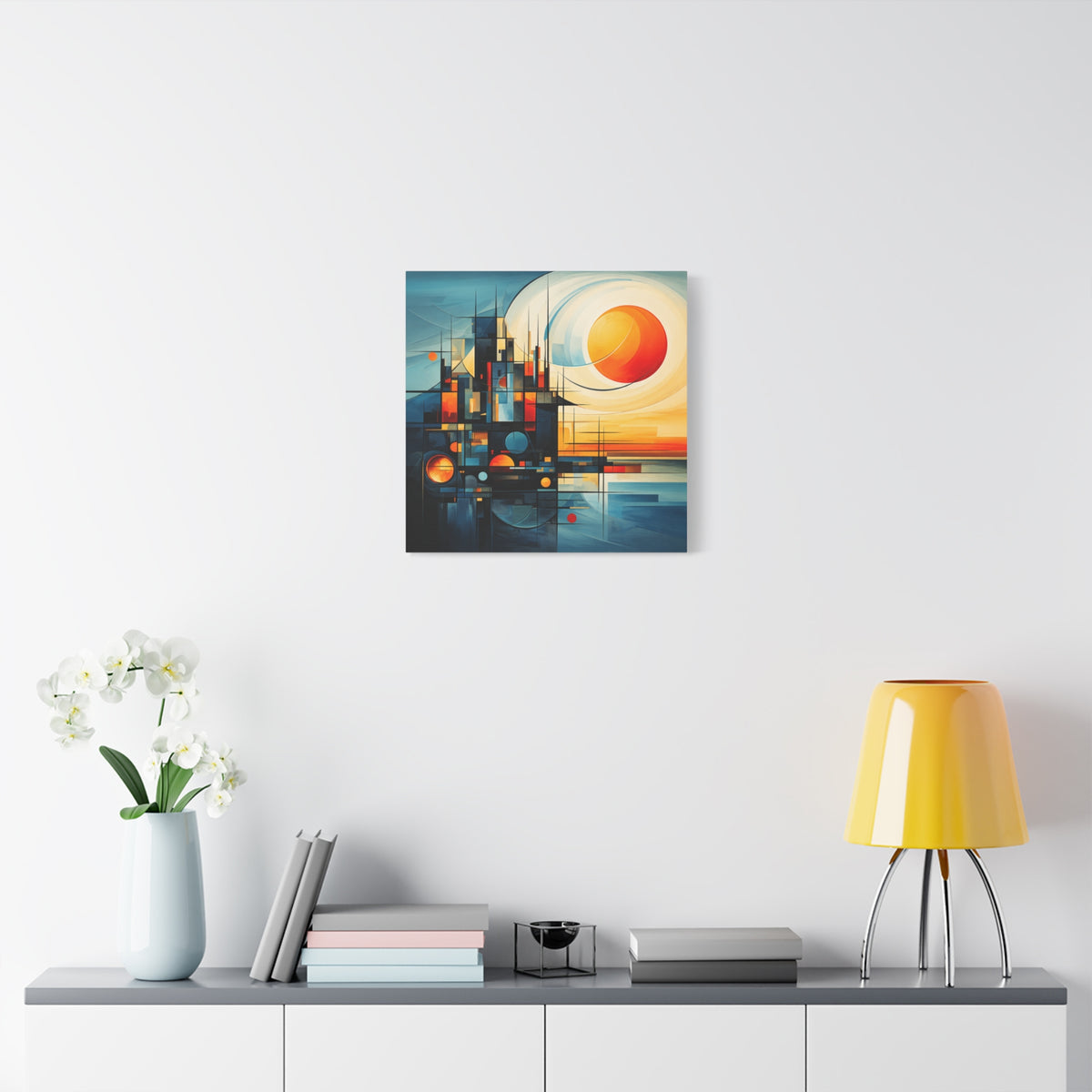 Sun Beyond Structure – Geometric Abstract Sunrise Canvas Print
