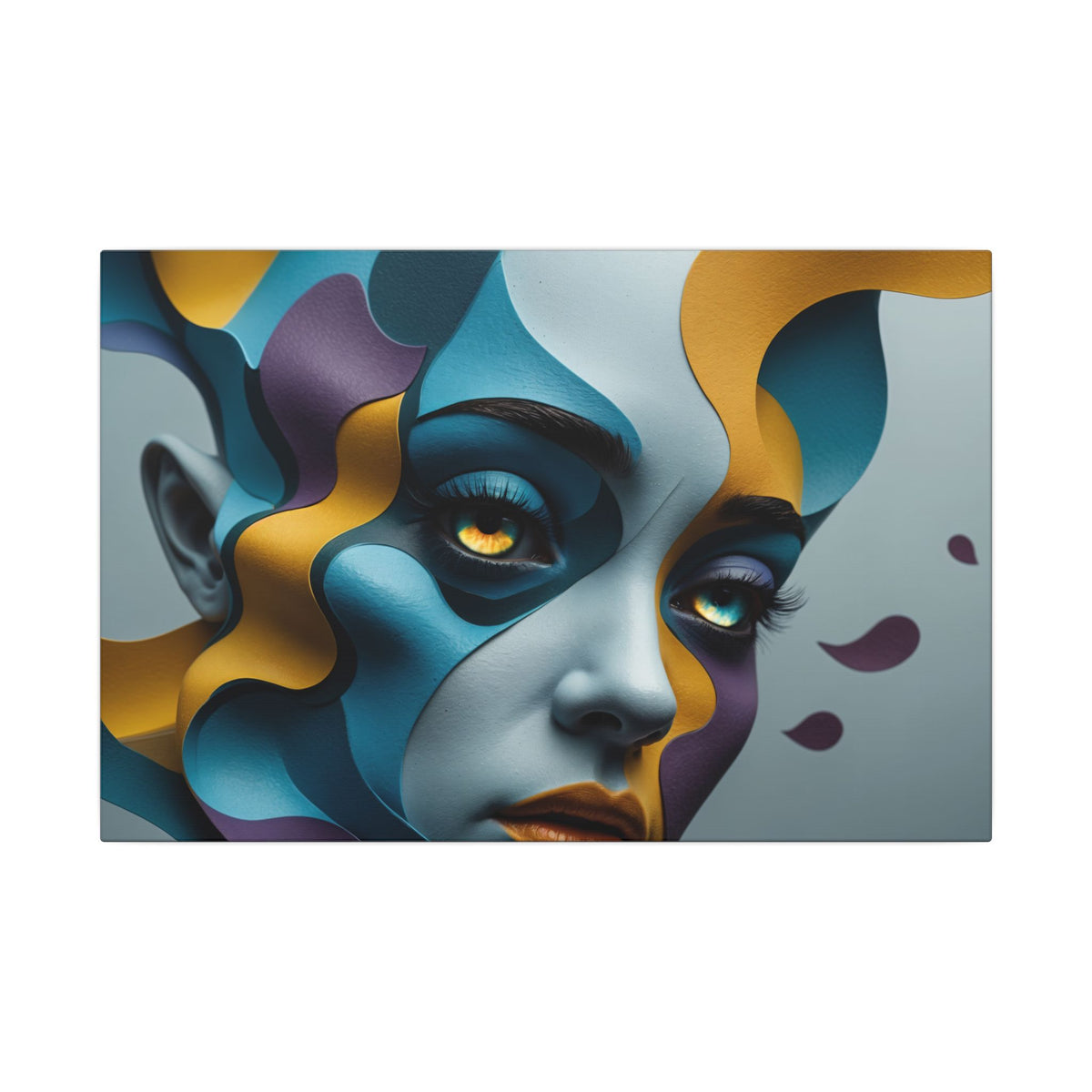 Abstract stylized female portrait in flowing teal, gold, violet, black, and soft gray shapes with luminous eyes and organic, sculptural forms.