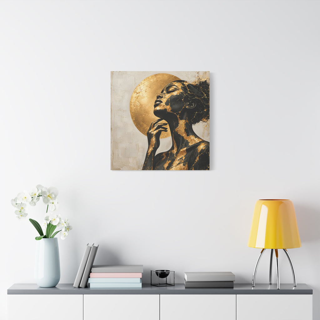 Crowned in Light — Modern Black & Gold Woman Portrait