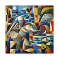 Cubist coastal abstract: reclining fragmented figure merging with waves, moon, and buildings in cobalt, teal, ivory, ochre, deep red, and black.