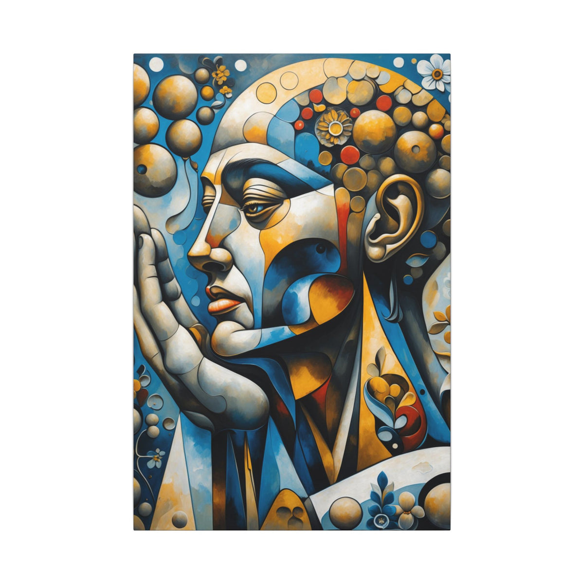 Profile of a solitary praying figure amid layered geometric shapes, floral motifs, and blues, golds, cream, charcoal, and warm orange