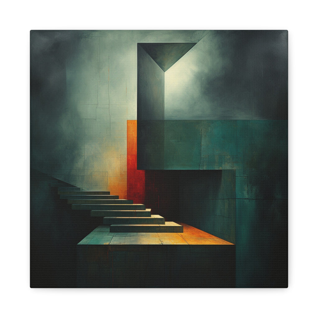 Suspended staircase slicing through deep teal and charcoal planes toward a warm amber glow, with muted greens, sharp geometry and painterly texture.