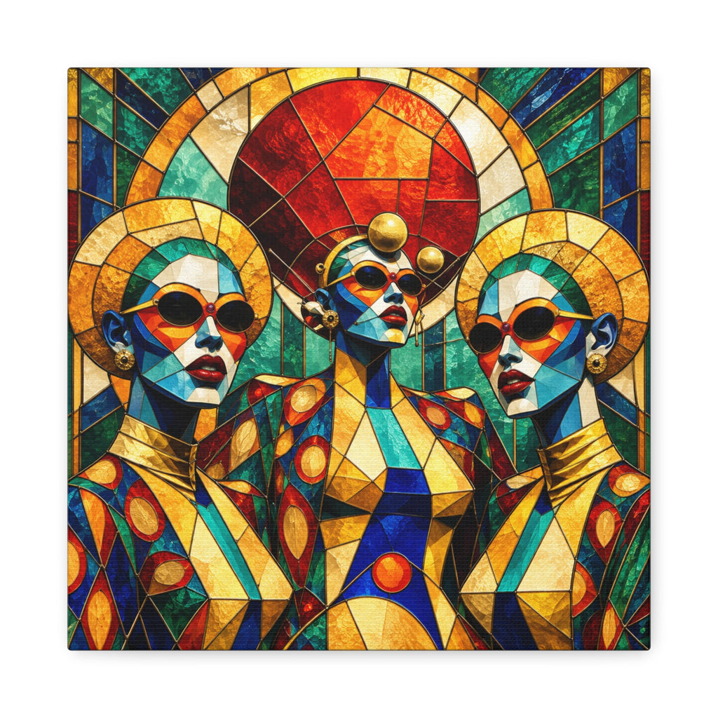 Three stylized sculptural portraits in stained-glass geometry with oversized sunglasses, gold halos and jewel-tone blues, greens, ruby and amber