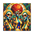 Three stylized sculptural portraits in stained-glass geometry with oversized sunglasses, gold halos and jewel-tone blues, greens, ruby and amber