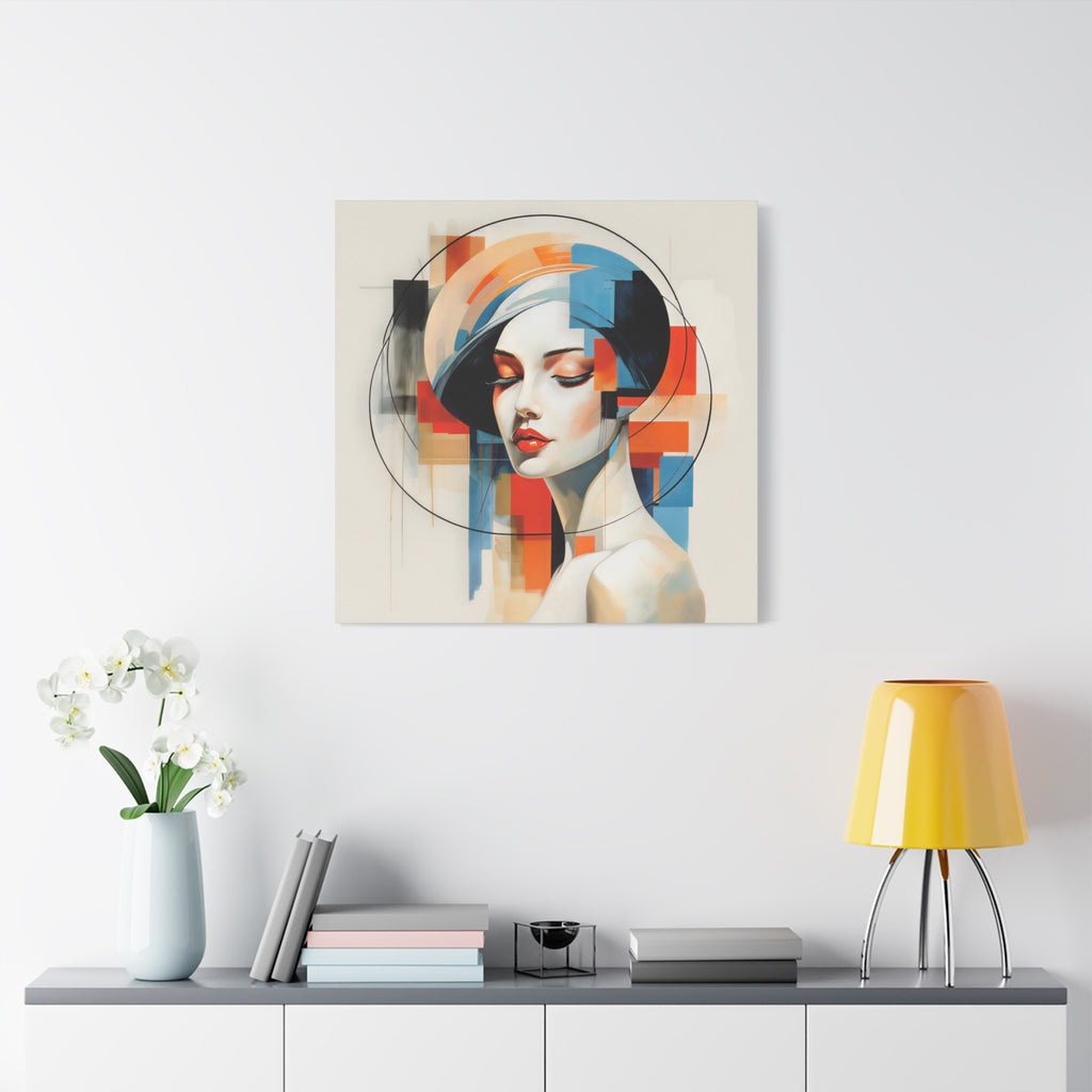 Perfectly Composed — Abstract Geometric Woman Portrait in Orange, Blue & Ivory