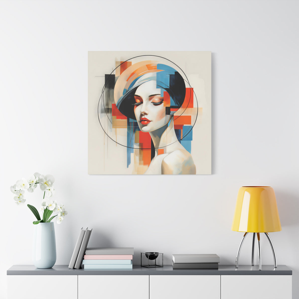 Perfectly Composed — Abstract Geometric Woman Portrait in Orange, Blue & Ivory
