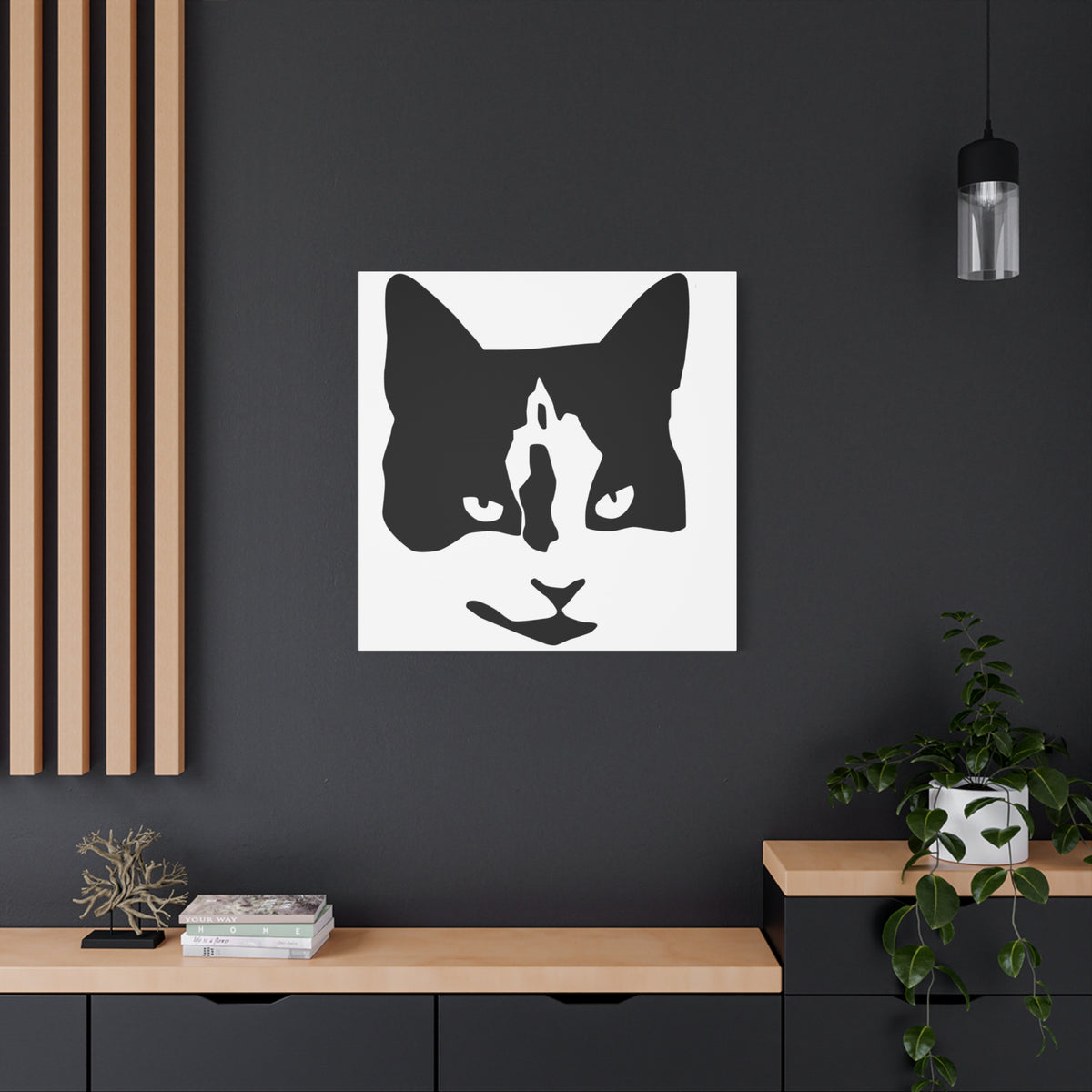 Black Mask – Minimal Black and White Abstract Cat Face Canvas Print