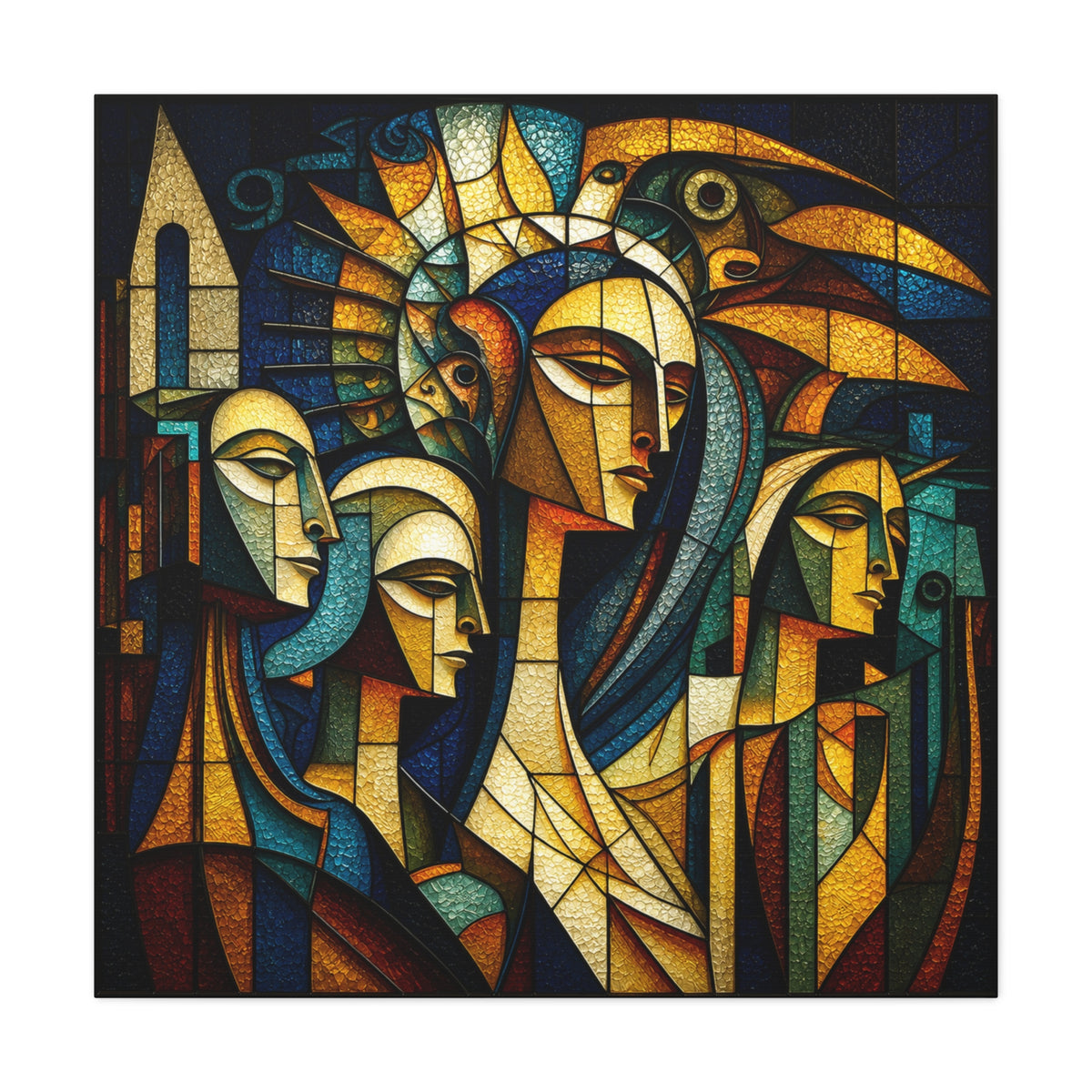 Crowned Voices — Cubist Collective Portrait in Teal, Gold & Burnt Orange