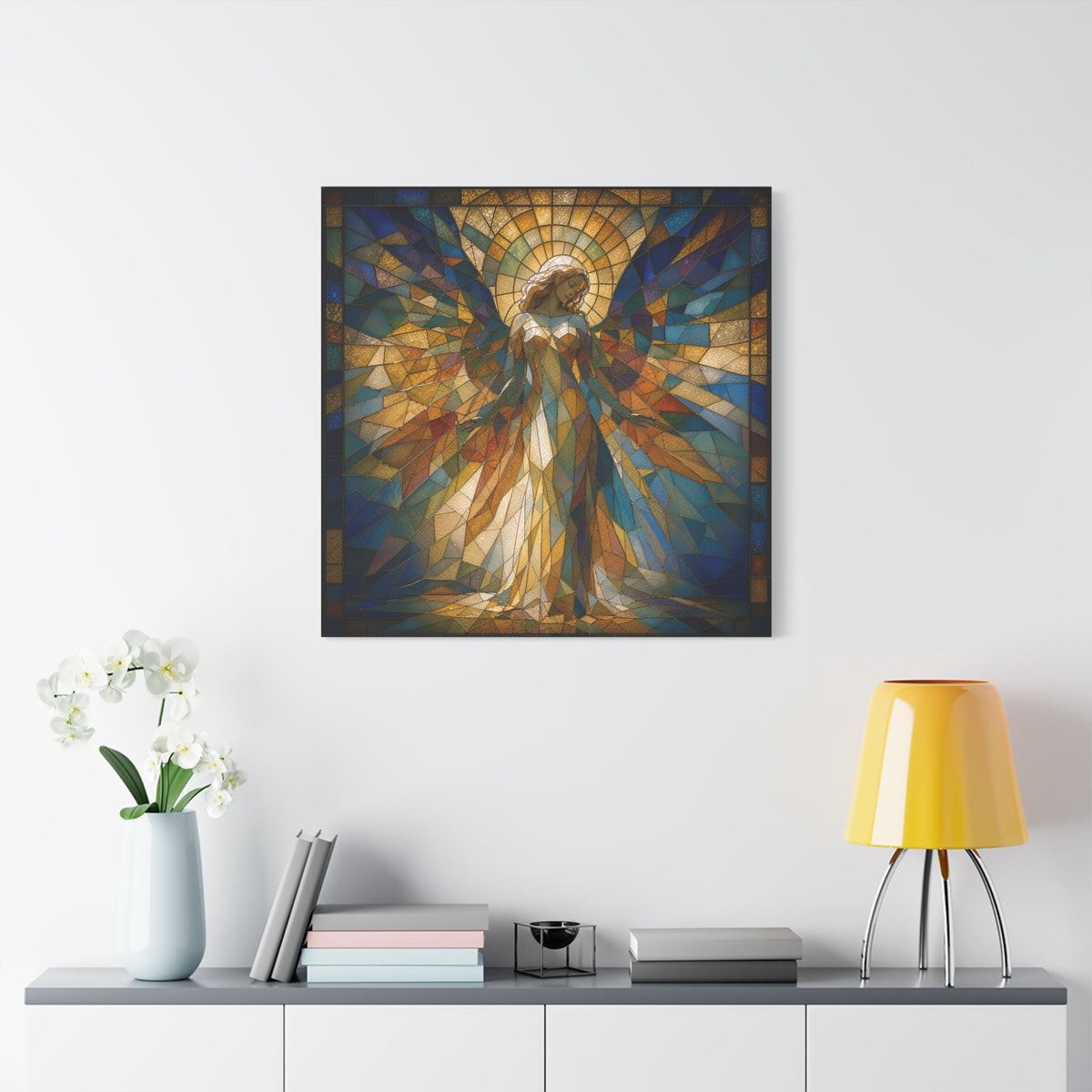 Radiance Descending — Stained-Glass Style Angelic Abstract Cubist Art Print