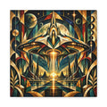 Futuristic celestial landscape with a geometric spacecraft beaming golden light over teal and gold valley