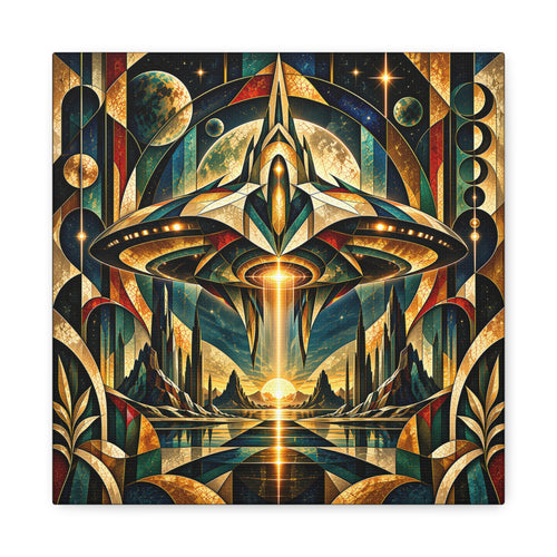 Futuristic celestial landscape with a geometric spacecraft beaming golden light over teal and gold valley