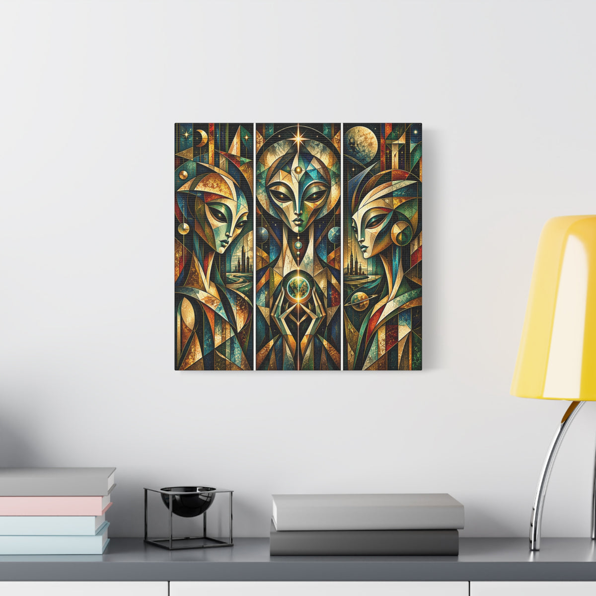 Keepers of the Celestial Gate — Futuristic Geometric Triptych Wall Art