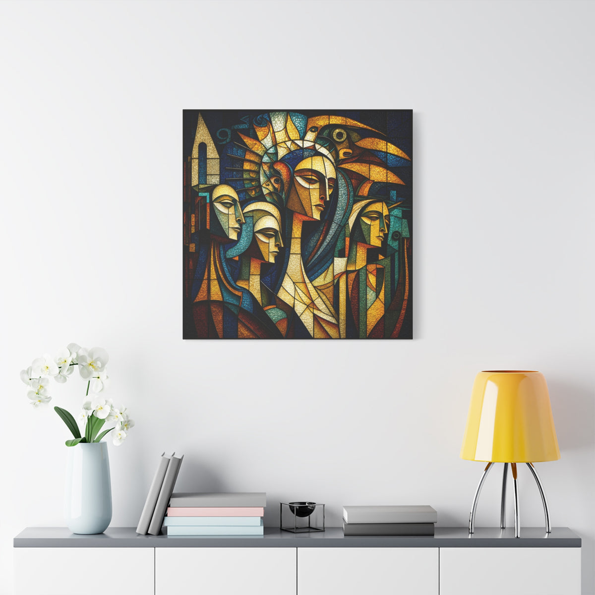 Crowned Voices — Cubist Collective Portrait in Teal, Gold & Burnt Orange