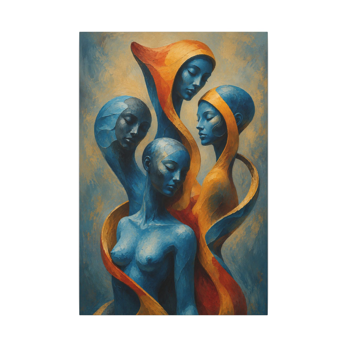 Four elongated feminine figures with closed eyes linked by sweeping ribbon-like forms in deep blue, golden yellow, burnt orange, and muted teal