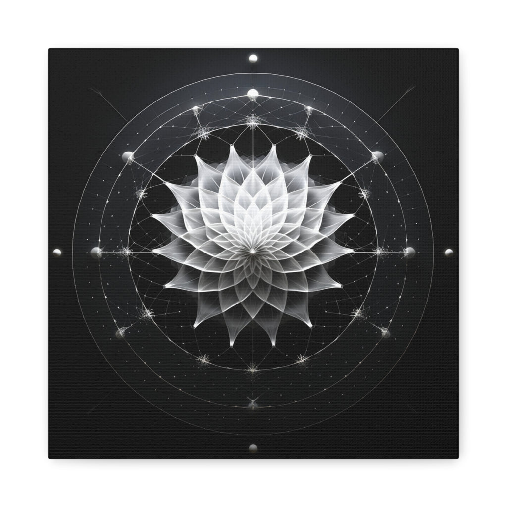 White layered geometric lotus at center with radial circles, orbital lines, glowing nodes and star-like points on deep black background