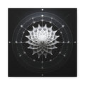 White layered geometric lotus at center with radial circles, orbital lines, glowing nodes and star-like points on deep black background