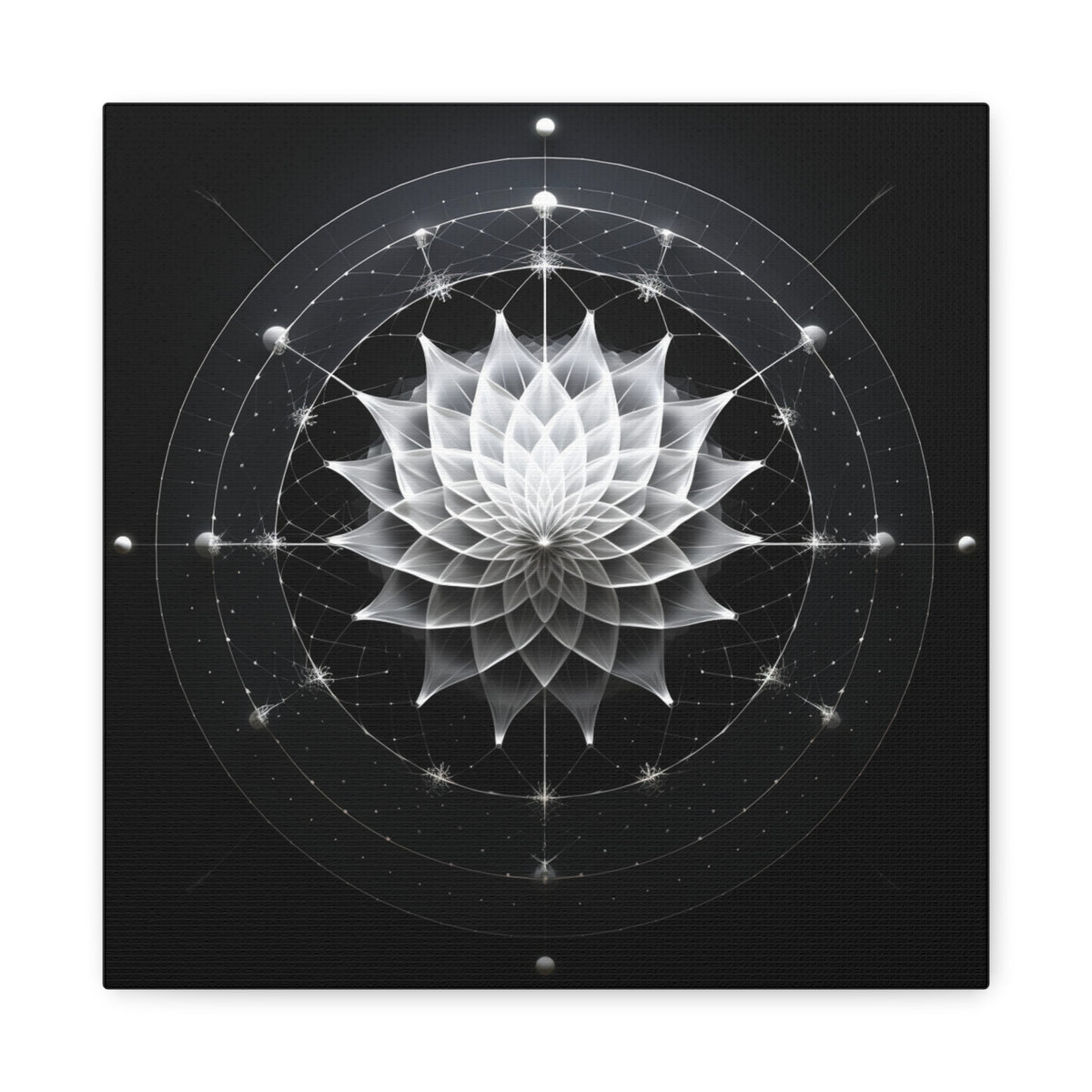 White layered geometric lotus at center with radial circles, orbital lines, glowing nodes and star-like points on deep black background